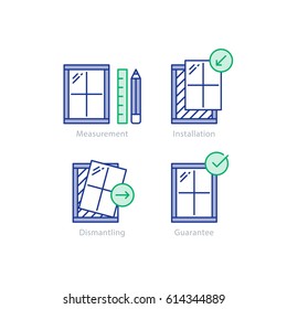 Window installation services, replacement steps, vector mono line icons set