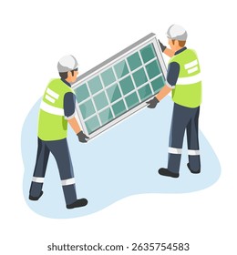 Window installer sealing glass panels while two construction workers in safety vests carefully handle large window frame in isolated workplace setting