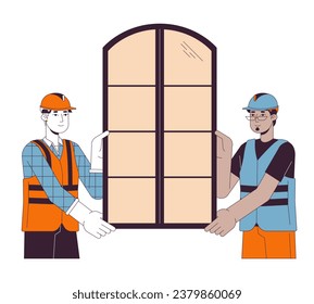 Instaladores de ventanas con personajes de dibujos animados lineales 2D. Varios hombres trabajadores de la construcción aislaron a los vectores de línea de fondo blanco. Los accesorios de ventana funcionan juntos en la ilustración de manchas planas en color