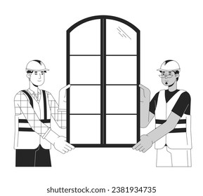 Instaladores de ventanas con personajes de dibujos animados en 2D en blanco y negro. Varios hombres trabajadores de la construcción aislaron a la gente del contorno vectorial. Ilustración de puntos planos monocromáticos de los accesorios de ventanas