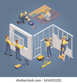 Window installing service. Gypsum partition making. Construction worker is laying parquet. Isometric building or interior repairs concept. Worker, equipment and tools. Vector flat 3d illustration.