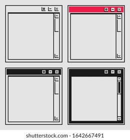 Window interface pixel art set, flat style vector illustration. Opened browser window template. Design for web and mobile app.  