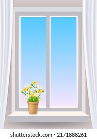 Window in interior, flowers chamomiles in the pot, curtains. Vector illustration template realistic