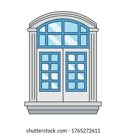 Window isolated on white background. Arched classic shape with columns. Glass with light reflections. Vector illustration of interior and exterior element.