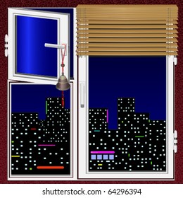 window with jalousie and china bell and night city
