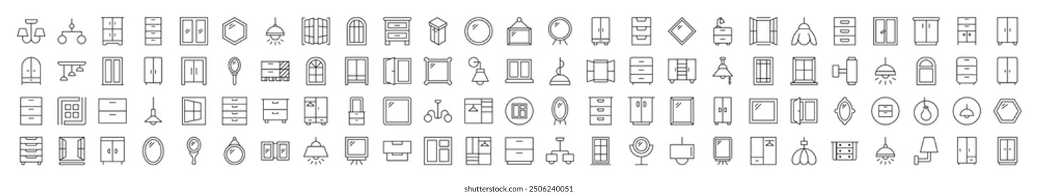 Window, Lamp, Mirror, Dresser, Chandelier Thin Icons Collection. Editable Stroke. Suitable for Web Sites, Books, Cards, Apps 