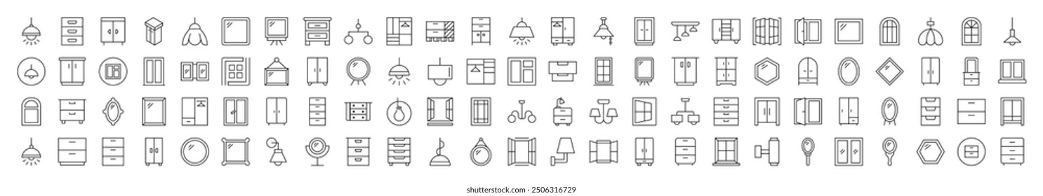 Window, Lamp, Mirror, Dresser, Chandelier Related Line Icons for Web Sites, Books, Cards, Apps. Editable Stroke. Suitable for Web Sites, Books, Cards, Apps