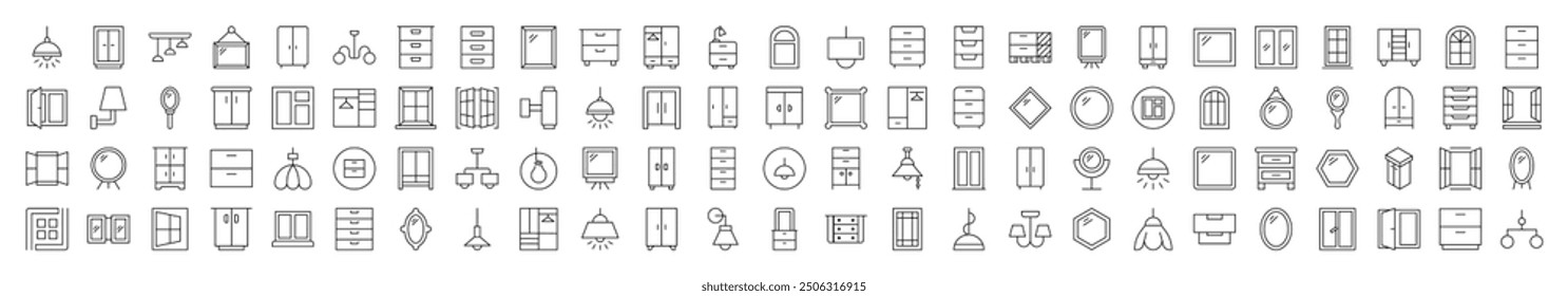 Window, Lamp, Mirror, Dresser, Chandelier Collection of Thin Icons. Editable Stroke. Suitable for Web Sites, Books, Cards, Apps