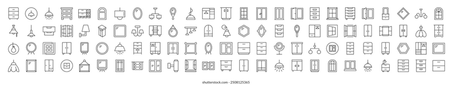 Window, Lamp, Mirror, Dresser, Chandelier Pack of Thin Icons. Editable Stroke. Suitable for Web Sites, Books, Cards, Apps