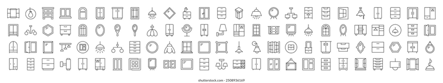 Window, Lamp, Mirror, Dresser, Chandelier Set of Thin Icons. Editable Stroke. Suitable for Web Sites, Books, Cards, Apps