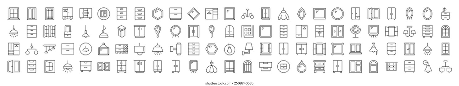 Window, Lamp, Mirror, Dresser, Chandelier Icon Set for UI, Placards, Books, Apps. Editable Stroke. Suitable for Web Sites, Books, Cards, Apps