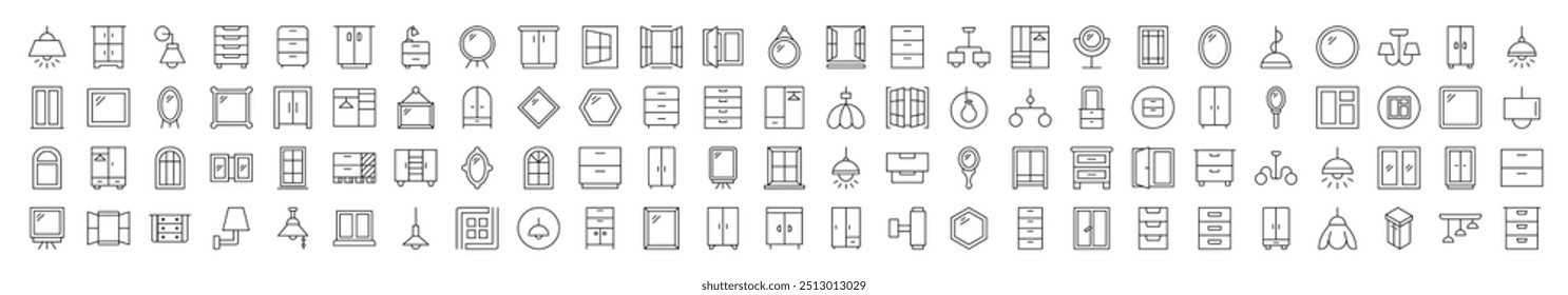 Window, Lamp, Mirror, Dresser, Chandelier Simple Isolated Line Icons Collection. Editable Stroke. Suitable for Web Sites, Books, Cards, Apps