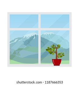 Window with a landscape view. Mountain peaks. Vector illustration.