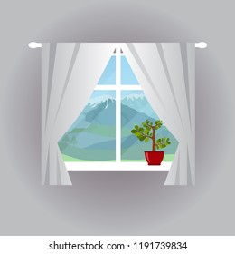 Window with a landscape view. Mountain peaks. Vector illustration.