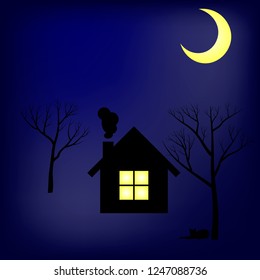 Window light. The small house among the trees in a lunar light.