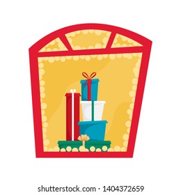 The window with lights and a pile of gifts. Vector poster for Christmas sale.