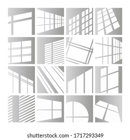 Window lights vector illustration set. Sunlight or shadow overlay effect of window frames on room wall, ceiling or floor, realistic midday or morning lighting, photorealistic mockup design background