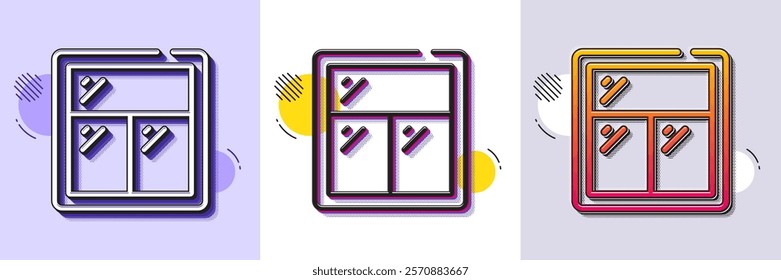 Window line icon. Halftone dotted pattern. Gradient icon with grain shadow. Glass frame sign. Building window symbol. Line window icon. Various designs. Vector