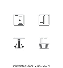 Window linear icon set. Balcony, curtains, blinds. Thin line customizable illustration. Contour symbol. Vector isolated outline drawing. Editable stroke