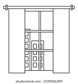 Window with long curtains, view on sky and silhouettes of houses, vector outline for coloring book