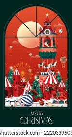 window looking out to winter wonderland christmas greetings design template vector, illustration