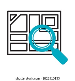 window with magnifying glass icon over white background, half line half color style, vector illustration