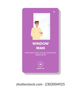 window man vector. looking business, office business, modern professional, building person, thinking caucasian window man web flat cartoon illustration