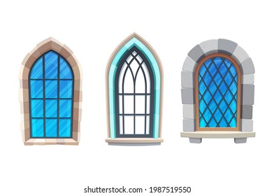 Window of medieval castle or fortress interior. Church, cathedral or temple exterior element, gothic architecture building cartoon vector arch windows with metal, wooden frames and stone masonry