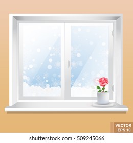 Window. Merry Christmas and a Happy New Year. Winter. Snowing.