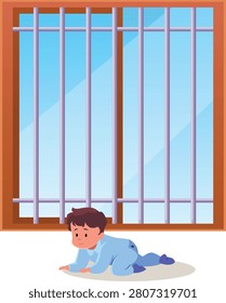 Window with metal grating. Cartoon baby crawling safe near the window. First year of child lattice fence protection. Happy boy or girl infant play. Interior design vector flat illustration isolated
