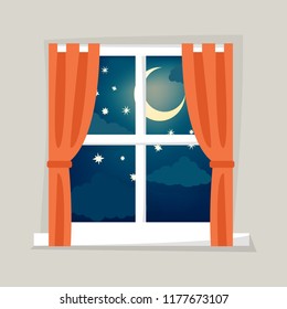 Window midnight view with curtains. Cartoon design flat style. Inside evening room scene. Windowpane, stars, sky, moon, windowsill. Eps 10 vector illustration isolated.