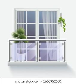 Window of modern building with access to balcony fenced with transparent glass realistic vector illustration