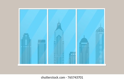 Window with modern city view. Cityscape with skyscrapers. Vector illustration.