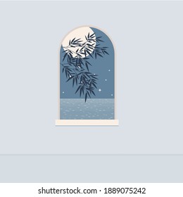 Window With Moon, Sea And Tree. Abstract Birthday Greeting Card, Travel Agency Poster Template, Shop Advertising