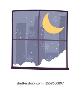 window moon snow night cityspace scene vector illustration