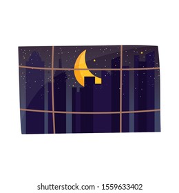 window moon starry night cityspace scene vector illustration