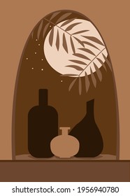 Window with the moon, vases and  tree.  Modern minimalist abstract aesthetic illustrations vector , wall decor, travel agency poster template, Collection of contemporary artistic posters.
