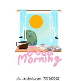 window in the morning with coffee, newspaper, smart phone. relaxing and say good morning concept - vector illustration