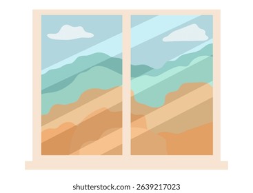 Window with mountain landscape view. Interior detail. A flat illustration for home decor and graphic design.