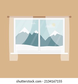 Ventana con paisaje de invierno de montaña, nieve, sol. Ilustración vectorial de estilo de caricatura plana 