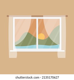 Window with nature landscape, sun, green hills, sea. Evening window view. Sunset. Flat cartoon style vector illustration 
