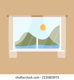 Window with nature landscape, sun, green hills, sea. Morning window view. Flat cartoon style vector illustration 