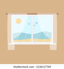 Window with nature landscape, sun, seagulls, sea, sand. Window view on the seashore. Flat cartoon style vector illustration 