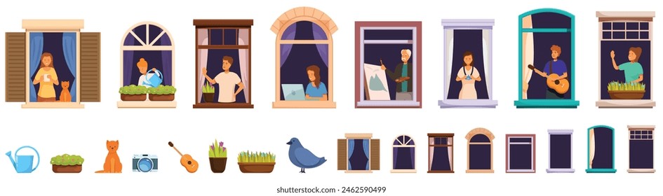 Window neighbor vector. A series of windows with people in them, some are playing instruments, others are working on laptops, and some are just relaxing
