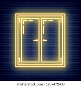 Window neon aperture home icon, house renovation concept line flat vector illustration, isolated on dark brickwork. Design front decoration casement.