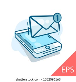 Window with new inbox email notification on mobile phone screen. Envelope icon. Open letter, unread message. Vector modern line design illustration icon