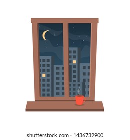 Window with a night city view. Cup of coffe on the windowsill. Vector illustration.