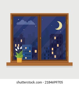 window with a night city view vector illustration.