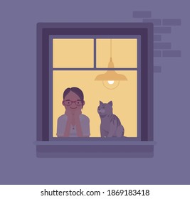 Window at night, woman and cat watching through. Girl with a pet dreaming or waiting, warm indoor lighting behind, cozy warm room living. Vector flat style cartoon illustration, evening time house