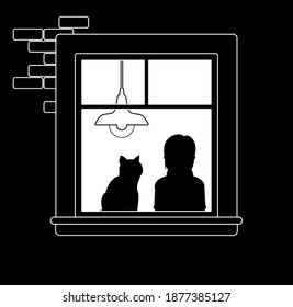 Window at night, woman and cat watching through. Girl with a pet dreaming or waiting, warm indoor lighting behind, cozy warm room living. Vector illustration, black, white ink pen line art drawing